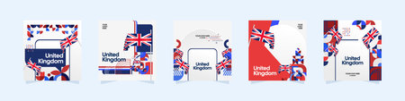 United Kingdom template set. National celebration themes poster with Union Jack flags and colorful geometric design. Festive background ideal for social media post, cover, greeting card, and events.のイラスト素材