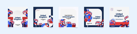 United Kingdom template set. National celebration themes poster with Union Jack flags and colorful...