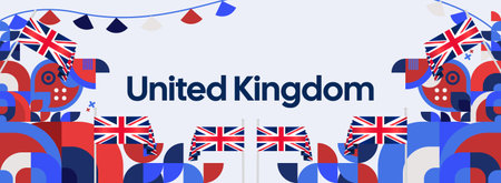 United Kingdom national day background with waving Union Jack flags and modern geometric shapes in red, blue, and white. Creative abstract design for poster, banner, and holiday events.のイラスト素材