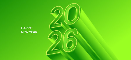 Happy New Year 2026 banner with 3D embossed numbers in bright green gradient. A modern design for a...