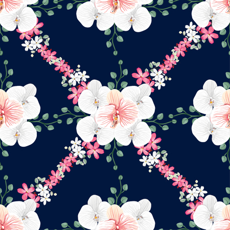 Seamless pattern white Orchid and Pink wild flowers on dark blue background.Vector illustration hand drawn.For used wallpaper design,textile fabric or wrapping paper.のイラスト素材