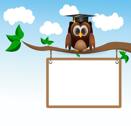 Brown owl sitting on three with graduation cap and whiteboardのイラスト素材