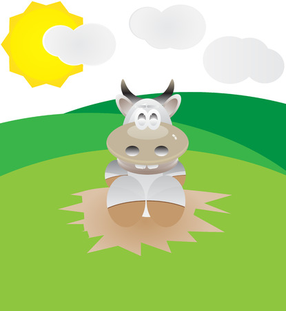 cute cow illustration sitting in fieldのイラスト素材