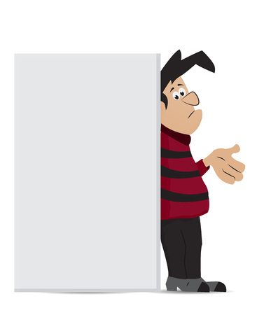 cartoon man in red shirt standing behaind empty bannerのイラスト素材