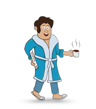 cartoon man with pajaman doing morning activity bring newspaper and coffeeのイラスト素材