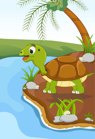 cartoon green turtle standing near tree and riverのイラスト素材