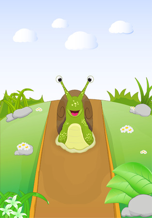 cartoon sute snail walking in the hill dirt roadのイラスト素材