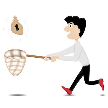 cartoon man running chasing money with basketのイラスト素材