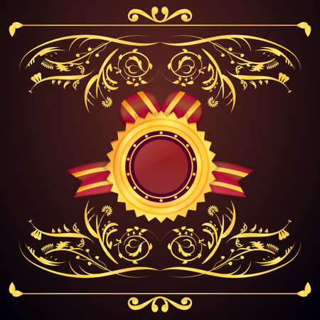 gold badge with wibbon with gold frame ornamentのイラスト素材