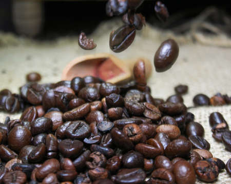 roasted coffee Pile, brown roasted coffee beans fresh and bright