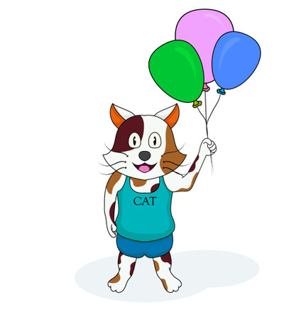 Cute cat character holding air balloon, funny animal vector Illustrationのイラスト素材