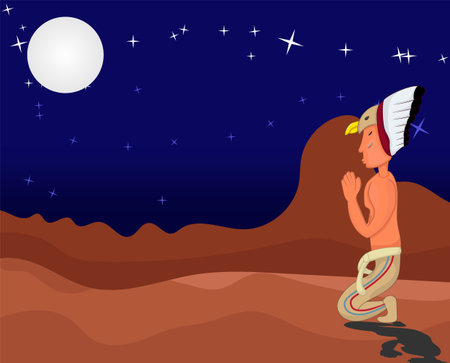 indian native american, Native American people are praying at night, when the moon is bright and the stars are scatteredのイラスト素材