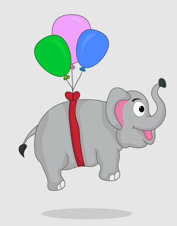 Elephant flying with balloon, looks happy with a smile on his faceのイラスト素材