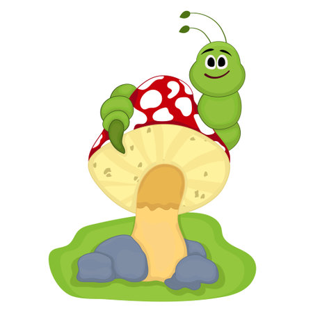 cartoon illustration of a children's mushroom in the grass with a caterpillarのイラスト素材