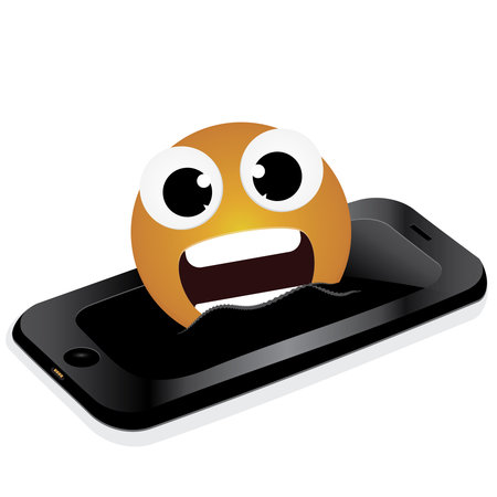 smartphone and emoticon big smile, online communication, chat with likes and emoticon smileys isolated. Vector phone or cellphone with dialogue on screen displayのイラスト素材
