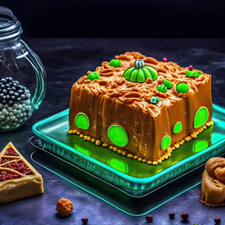 Homemade cake with glaze and candies. Selective focus.の素材