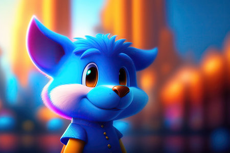 A blue cat character with a city in the background.の素材