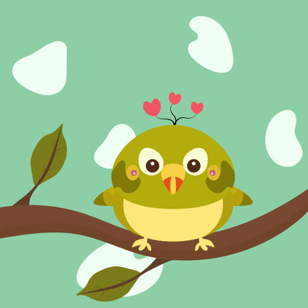 green bird with a heart on its head sits on a branch with green leavesのイラスト素材