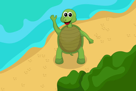 Cute Turtle Waving Hand Cartoon Vector Icon Illustration. Animal Holiday Icon Concept Isolated. Flat Cartoon Styleのイラスト素材