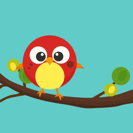 cartoon illustration of a red and yellow bird sitting on a branch.のイラスト素材
