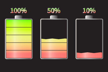 Battery status with various different level of charge, vector illustration isolated on background.のイラスト素材