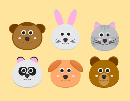 Cute cartoon animals round shape. monkey, rabbit, cat, panda, dog, bear.のイラスト素材