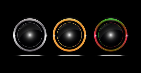 Blank dark button round and glossy. web button with shadow and reflection on black colorのイラスト素材