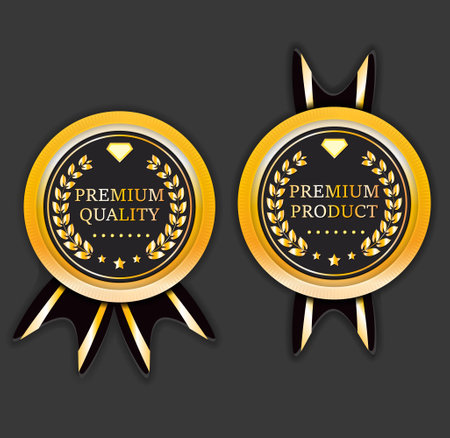 premium quality product badge gold color with ribbon and dark backgroundのイラスト素材