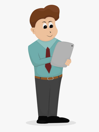 young business man holding a tablet computer. Flat vector illustration isolated on white backgroundのイラスト素材