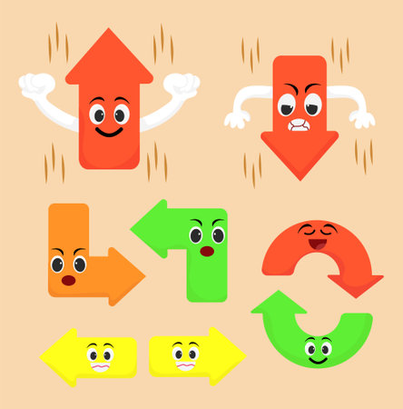 Cute Cartoon Arrow Characters with Emotions Vector Setのイラスト素材