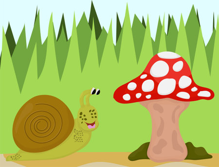 Snail and Mushroom in Cartoon Forest Scene Vectorのイラスト素材