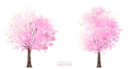 Vector watercolor blooming flower tree or forest side view isolated on white background for landscape and architecture drawing,elements for environment or and garden,botanicalのイラスト素材