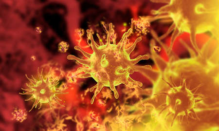 3D rendering concept. Dangerous  flu strain microscopic view, pandemic crisis.の写真素材