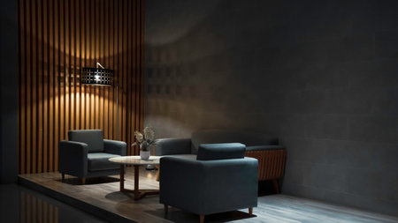 Armchairs and coffee table in classic black interior. Concept, design, decorate the lounge in...