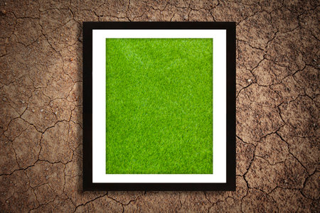 Grass in a white picture frame lay on cracked soil land, global warming concept.