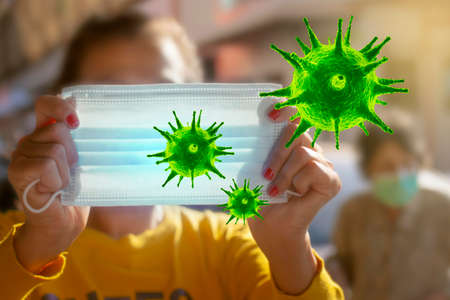 3D rendering of the green virus, Asian woman wearing a medical mask in the community for protection her self from coronavirus(Covid-19).の写真素材