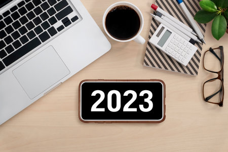 2023 on Smartphone for Planner and organizer to plan and reminder daily appointment, meeting agenda, schedule, timetable and management of job, Work from home.の写真素材
