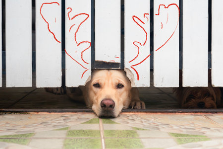 The Labrador Retriever looking to camera form  fence hole and the chalk paint looks like reindeer on a white fence.Behind there is a small Yorkshire Terrier.の写真素材