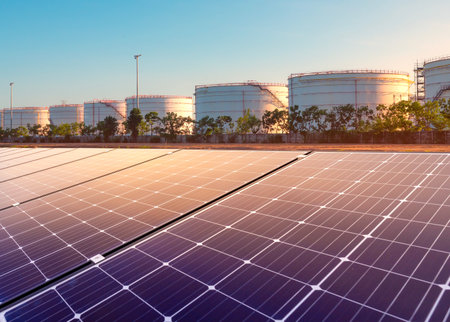 Solar panels and petroleum oil tank in background.