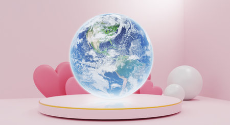 The world is on a pink podium. With a heart shape on the back, earth day concept,3D renderの写真素材