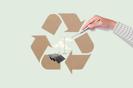 Male hand drawing recycling symbol for net zero carbon dioxide emissions.の写真素材