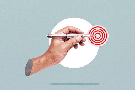 Businessman holding a pen at the target - business targeting, aiming, focus concept. Art collage.の写真素材
