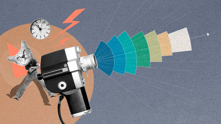 Antique 8mm movie camera and diagrams showing the focal lengths of different types of lenses by...