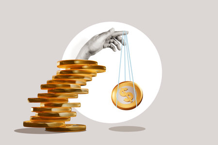 The human hand with US Dollar coin on the strings. Concept of Finance, Investment and Risk management.の写真素材