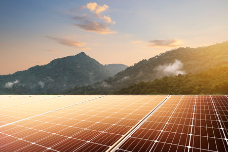 solar panels on top mountain, Renewable energy clean and good environment.