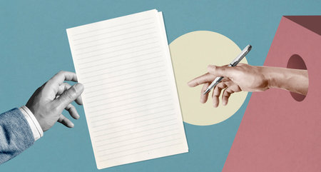 Businessman handing a blank document to another man. Abstract art collage.の写真素材