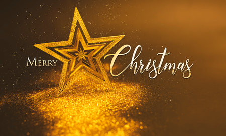 Golden stars and handwritten text. Merry Christmas
