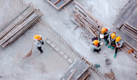 High angle view of construction site workers are resting.の写真素材