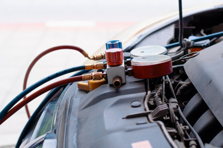 fix car air conditioner with engineering, Car AC Systemsの写真素材