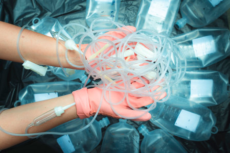 Hands of a female officer sorting toxic waste, saline bottles Syringes, from clinics or hospitals for recyclingの写真素材
